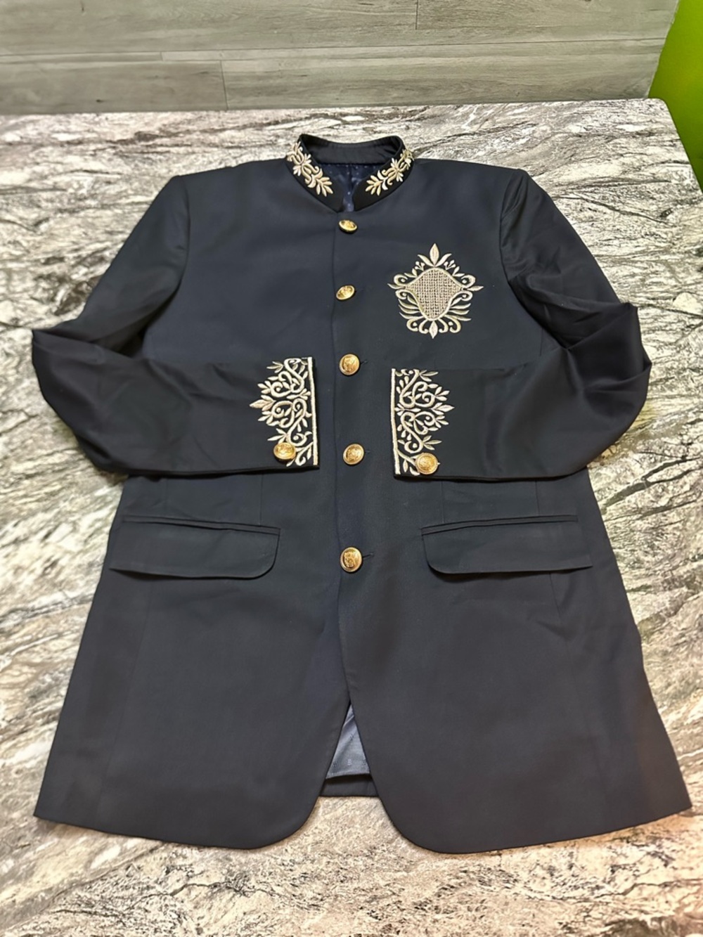 Handwork Embroidered Navy  Bandhgala suit Nehru with Gold Buttons S